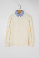 Blusa beige cuello con rayas azul en V, Medium