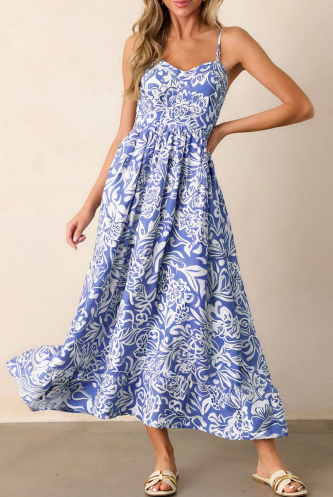 Vestido largo flores azul y blanco M