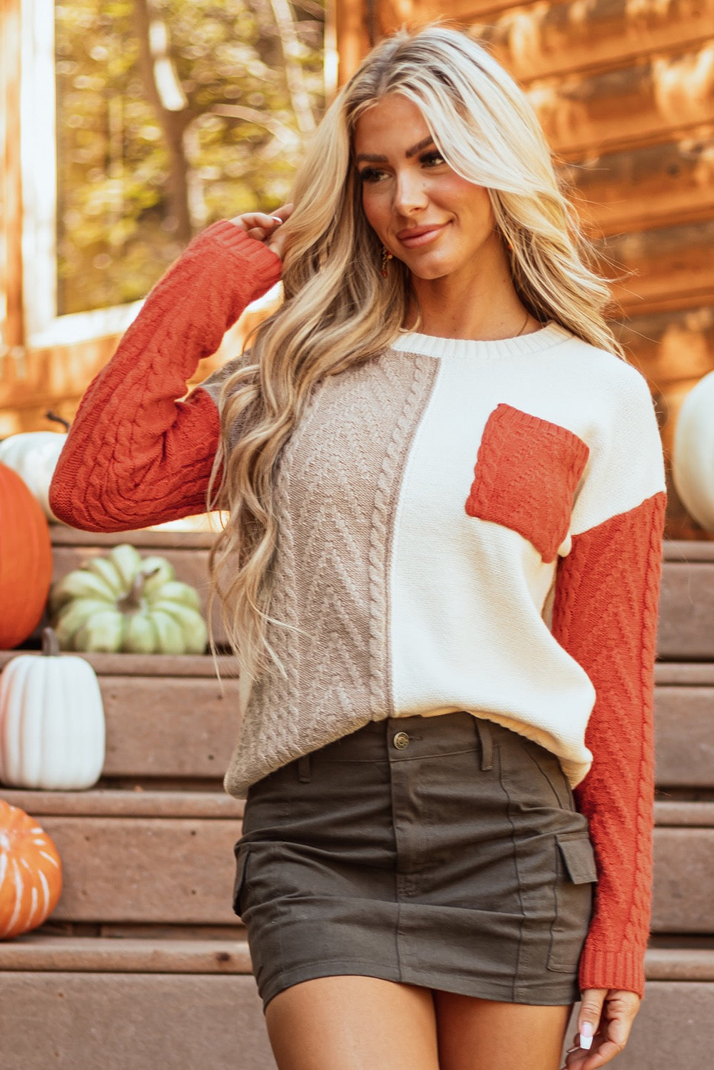 Suéter tejido beige con naranja L
