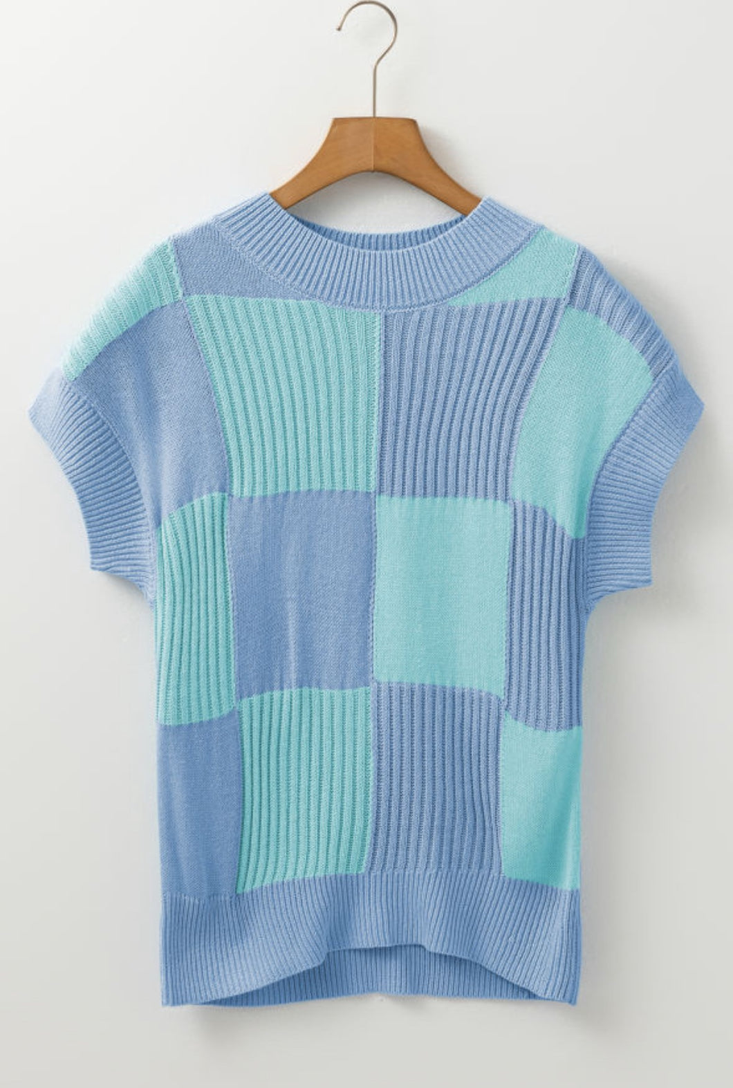 Blusa tejida cuadros celeste y menta S