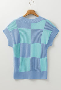 Blusa tejida cuadros celeste y menta S