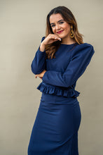 Cargar imagen en el visor de la galería, Set Ciel azul marino manga larga, botones en espalda y falda L
