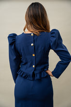 Cargar imagen en el visor de la galería, Set Ciel azul marino manga larga, botones en espalda y falda L
