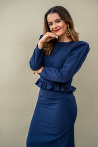 Set Ciel azul marino manga larga, botones en espalda y falda S