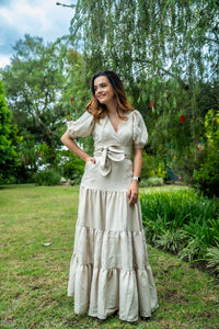 Vestido Haiti beige cinturón y flores blancas XXL