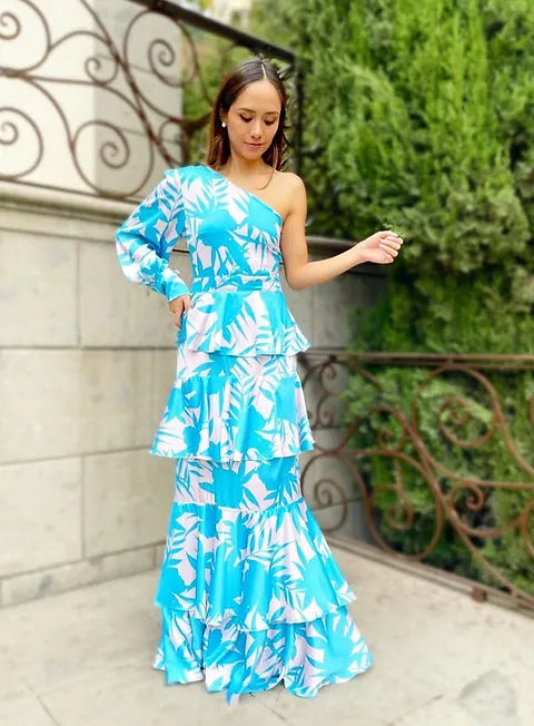 Vestido Palma celeste manga medio beso M