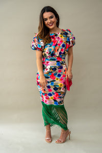 Vestido Pivoine flores de colores y flecos verdes XL