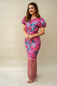 Vestido Rose celeste con flores y flecos rosados M