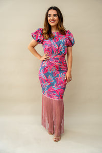Vestido Rose celeste con flores y flecos rosados M