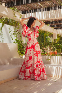 Vestido Silicia anaranjado con flores crema S