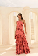 Vestido Terracota con flores y caída en cascada M